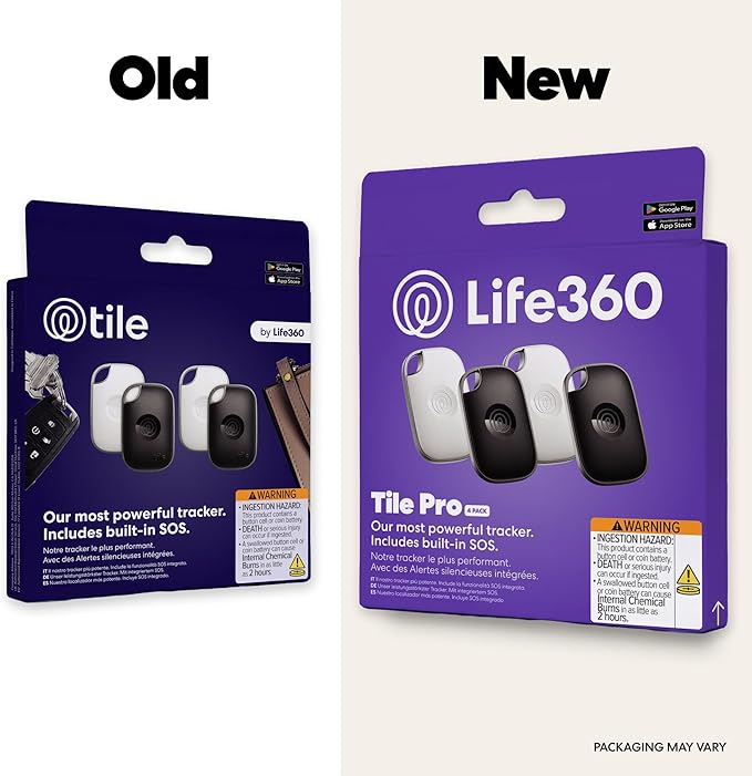Tile by Life360 Pro - Powerful Bluetooth Tracker, Key Finder and Item Locator for Keys Bags, and More. Both iOS and Android Compatible. Phone Finder. 4-Pack (Black/White)