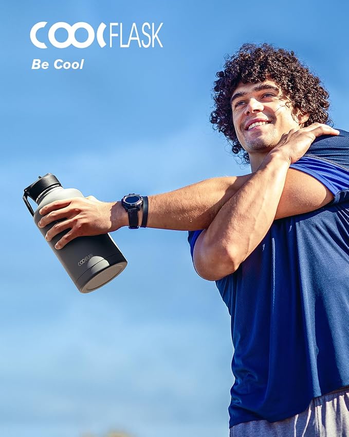 64 oz Insulated Water Bottle with Straw & 3 Lids, Coolflask Half Gallon Water Jug Large Metal Stainless Steel Wide Mouth for Sports, Gym or Office, Non-BPA Keep Cold 48H Hot 24H, Knight Grey