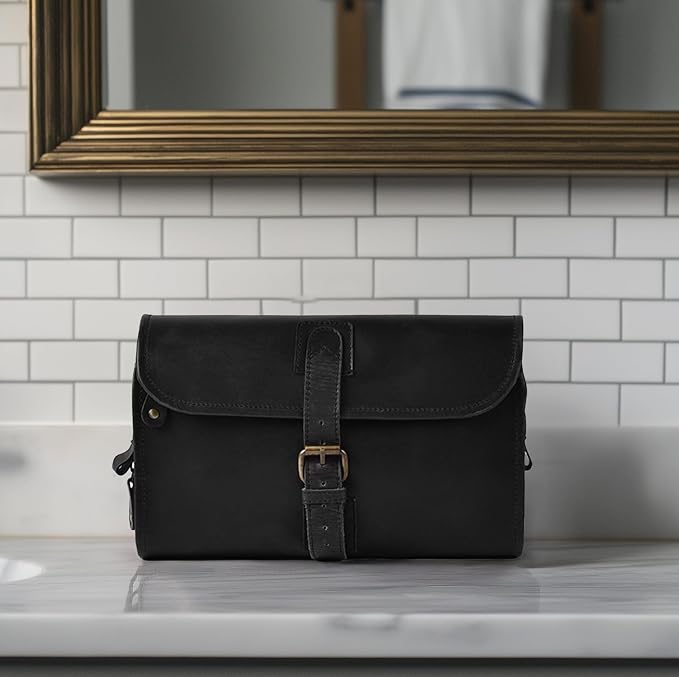 LEATHER VILLAGE Hanging Genuine Leather Toiletry Bag for Men & Women with Waterproof Lining – Handcrafted Vintage Travel Dopp Kit, Shaving Organizer & Shower Bathroom Essentials Case - Black