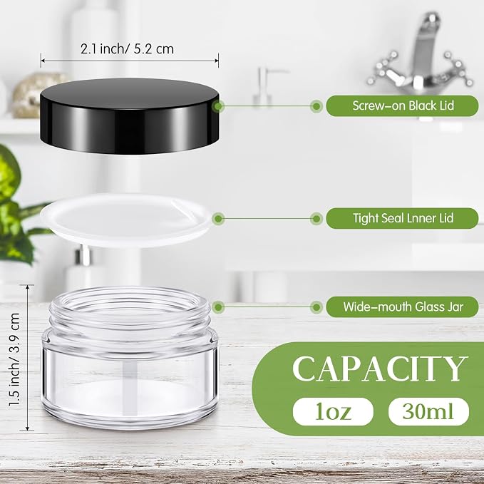 Domensi 60 Pcs 1oz Glass Jars with Lids Bulk Small Glass Salve Tins Cream Container Cosmetic Jars for Travel Balm with Inner Liners for Sample Cream (Clear,Black Lid,Plastic Lid)