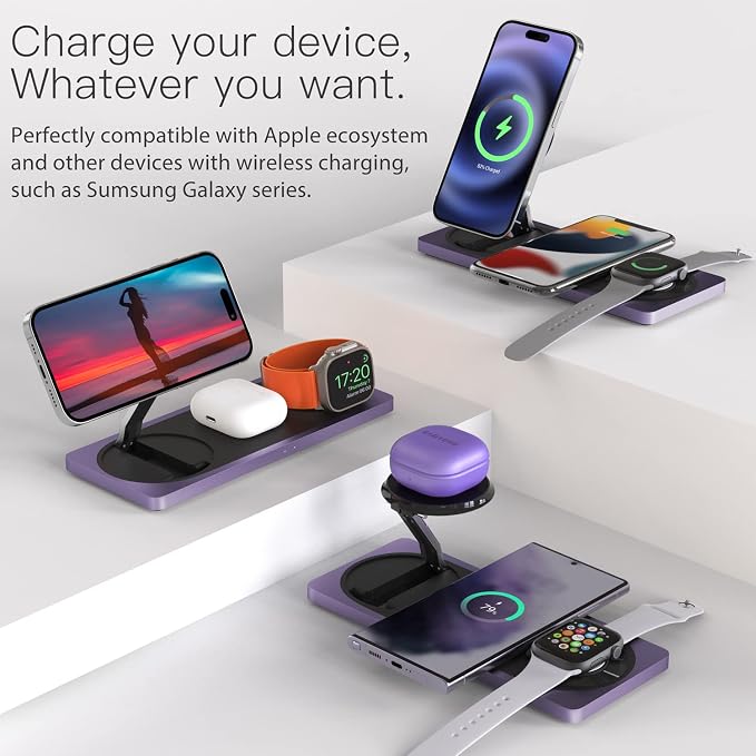 PETINO Mag-Safe Charger Stand, 3-in-1 Magnetic Wireless Charging Station for Apple Devices, iPhone 15/14/13/12 Series, Apple Watch, AirPods Pro (Purple) | For iPhone 17/Air/16/15/14/13/12, AirPods & Apple Watch, Foldable Portable Aluminum Charging Stan...