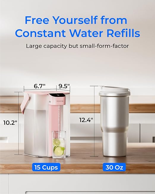Waterdrop ED01P Electric Water Filter Pitcher, Reduce 99.6% of Lead and 45+ Impurities, 15-Cup 200-Gallon Capacity, Rechargeable Instant Dispenser, NSF/ANSI 42&53&401&372, Does not Lower TDS, Pink