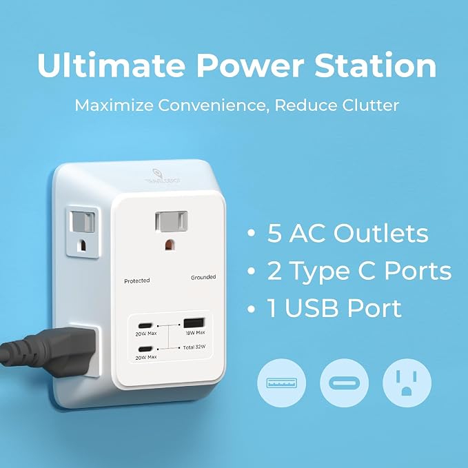 Travel Depot PD USB Wall Charger Surge Protector, 5 Outlet Extender 2 USB C & 1 USBA Charging Ports, Fast Charge 3 Sided Power Strip Multi Plug Outlets Wall Adapter for Home Office, ETL Listed (White)