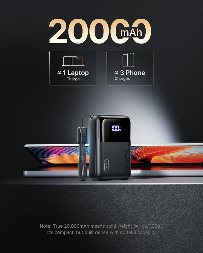 INIU 20000mAh Laptop Power Bank, Ultra Compact 65W PD Dual Fast Charging Portable Charger, Flight-Safe Battery Pack with USB C Cable for Steam Deck, Switch, Gaming, Students, Metallic Silver