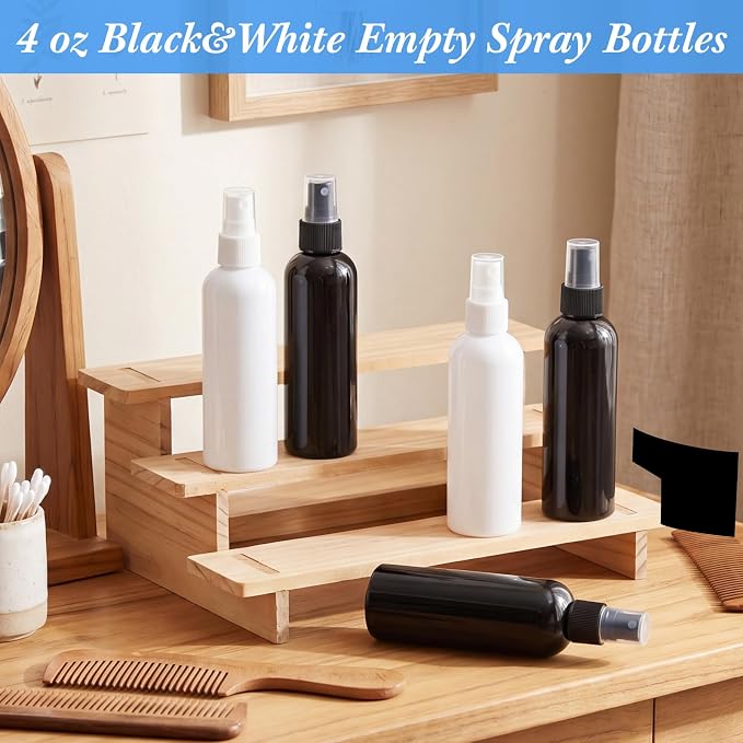 Kigley 100 Pcs Small Spray Bottle Bulk 4 oz Plastic Empty Mist Spray Bottles for Essential Oils Fine Mist Sprayer Reusable Refillable Portable Travel Containers for Cleaning Samples (Black and White)