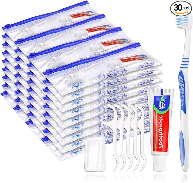 30 Disposable Toothbrushes with Toothpaste Set, Travel Kit Plastic Zip Bag,Toothbrush Head Cover, Bulk Toothbrush for Homeless,Travel,Hotel,Guest