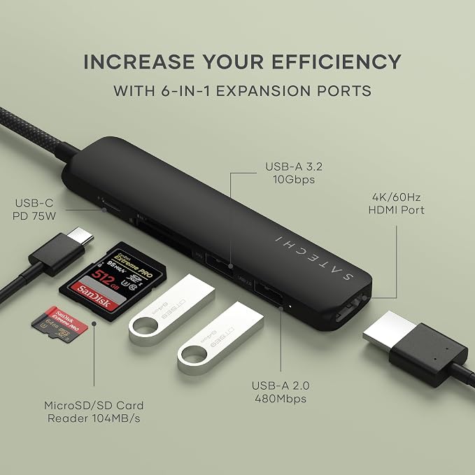 Satechi 6 in 1 USB C Hub Multiport Adapter with HDMI 4K@60Hz, 100W PD Charging, 2X USB-A Data Ports, Micro/SD Card Readers for MacBook Air/Pro/Neo, iPad Air/Pro, Windows – Black