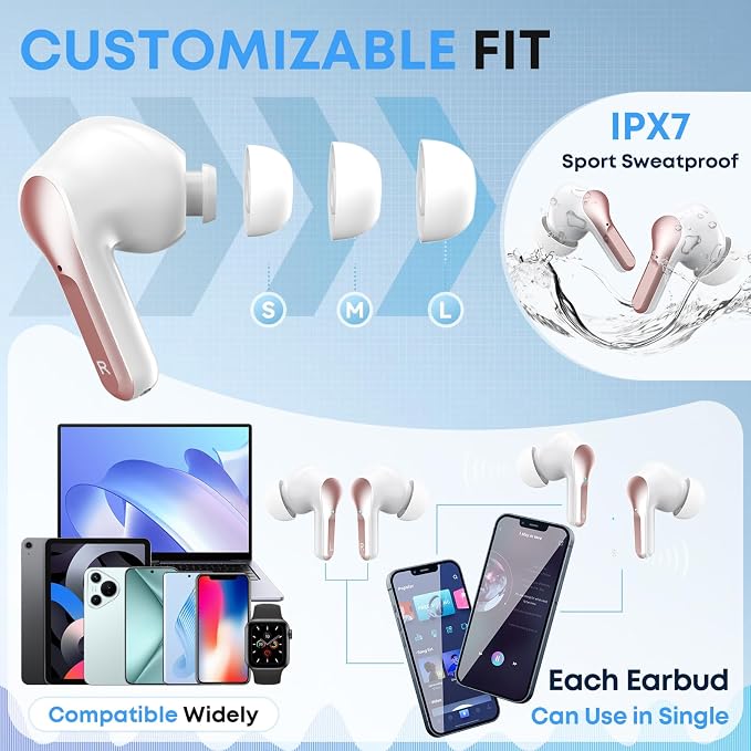 Wireless Earbuds, Bluetooth 5.4 Headphones HiFi Stereo 50H Playback LED Digital Display Ear Buds with ENC Noise Canceling Headset, IPX7 Waterproof Earphones for Running/Workout (Rose Gold)