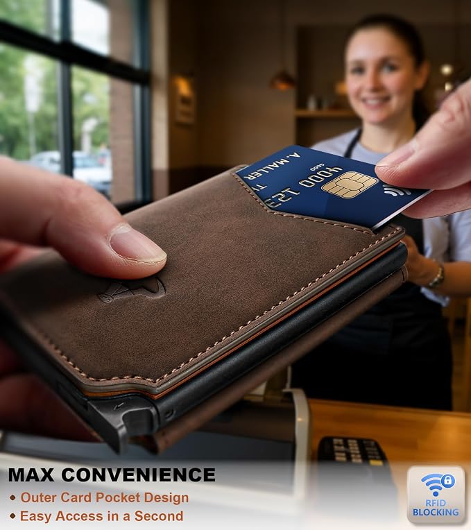BULLIANT Men Wallet Leather Wallet Card Holders Money Clip for Men 10Cards-Magnetic Flip on Metal Case