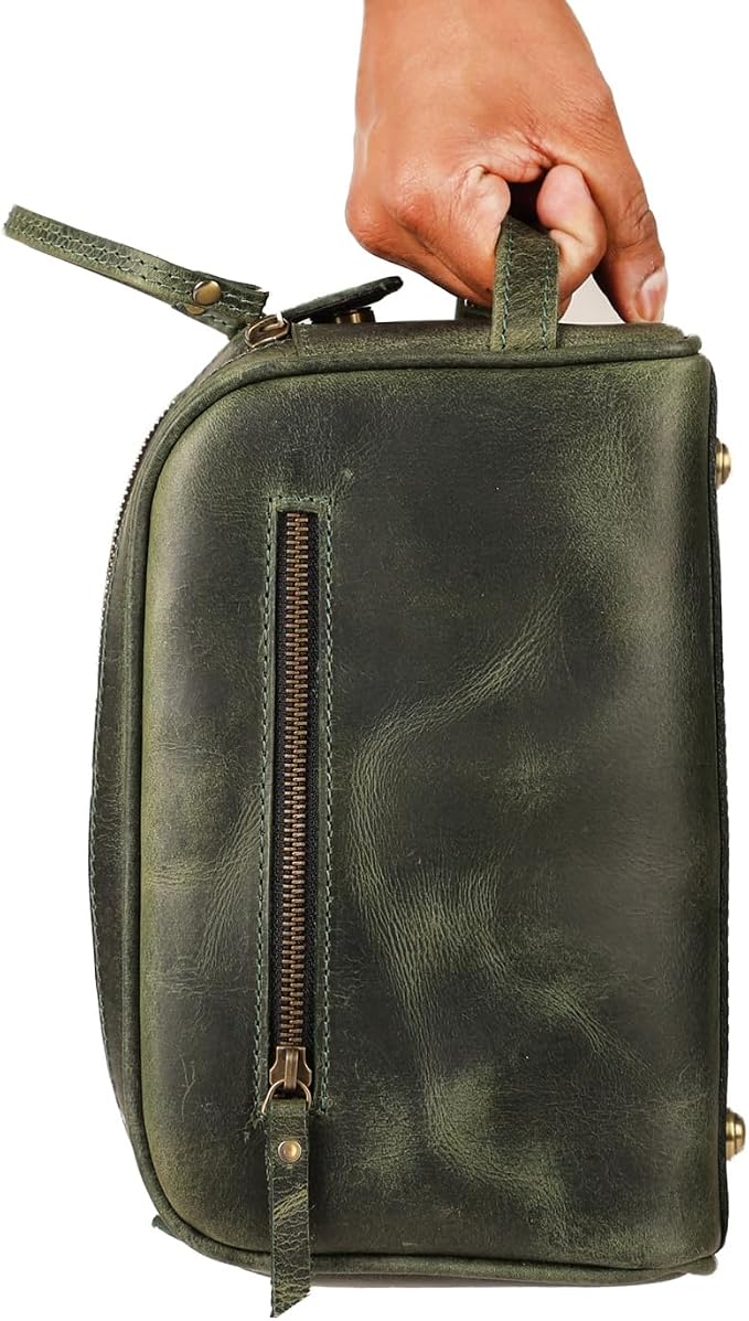 KomalC Leather Toiletry Bag for Men & Women – Handcrafted Travel Grooming Kit with Water-Resistant Lining and Secure Zipper Closure