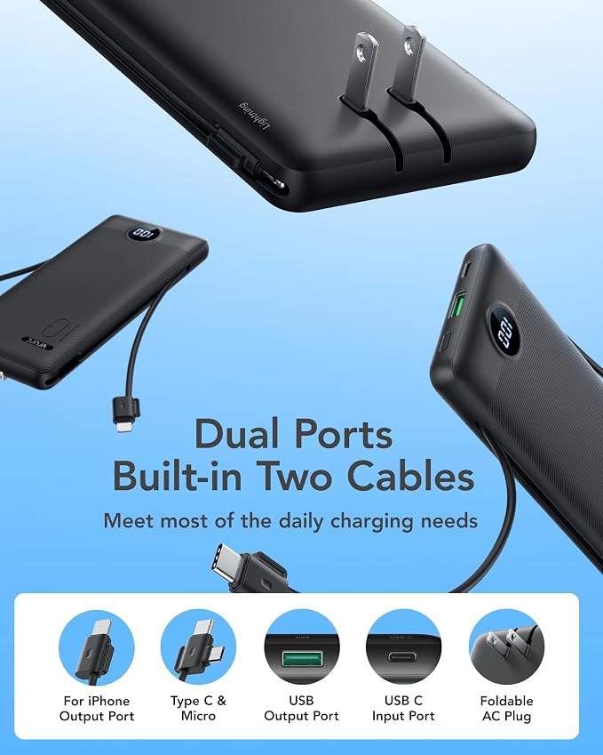VRURC Portable Charger Power Bank - 10000mAh Fast Charging PD 20W with Wall Plug Slim Portable Charger Built in Cables USB C Portable Phone Charger Travel Accessories -Black(1 Pack)
