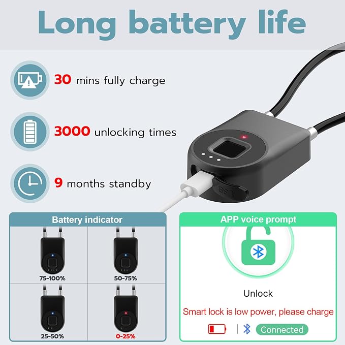 Fingerprint Cable Lock, 3.6'' Long Shackle Fingerprint Lock with Bluetooth APP, Smart Keyless Biometric Waterproof Outdoor Smart Padlock for Gate Fence Locker Cabinet Gym Backyard
