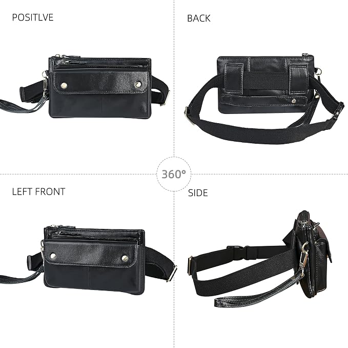 Water Resistant Canvas + Leather Hiking Riding Travel Fanny Waist Pack Small Phone Pouch For Men Women FB811-29 (100% Leather-The 8136 Black)