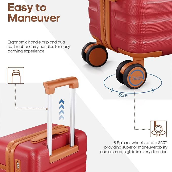 UKEIN Luggage Sets 3 Piece, PC Hardside Large Luggage 24 Inch With Spinner Wheels with TSA Lock, Carry On Suitcase Set With Travel Backpack for Men (Red, 3 piece set (24inch))