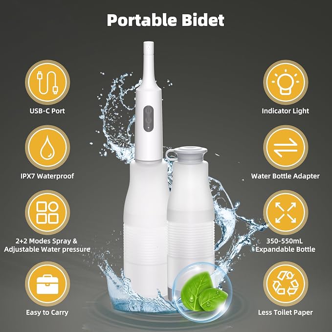Hibbent 2 Pack Portable Bidet for Travel, High Pressure Electric Handheld Bidet Sprayer, 350-550ML Expandable Bottle for Personal Hygiene, USB-C Rechargeable Waterproof Sprayer for Women & Men, White