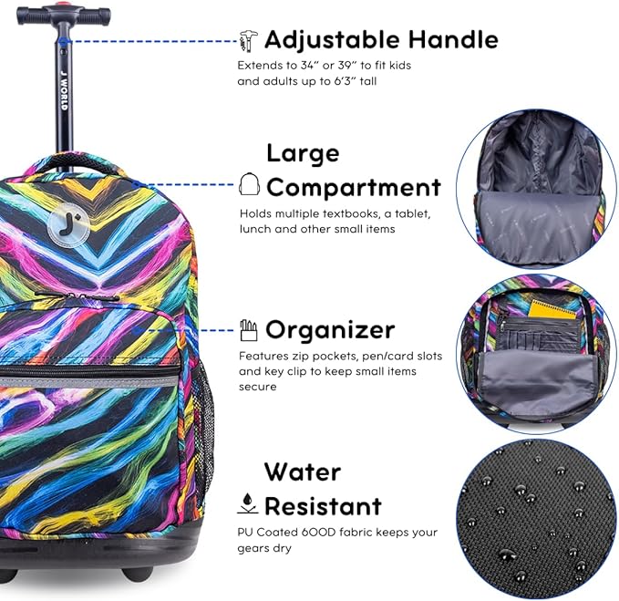 J World Sunrise Kids Rolling Backpack for Girls Boys. Roller Bookbag With Wheels For School, Quantum