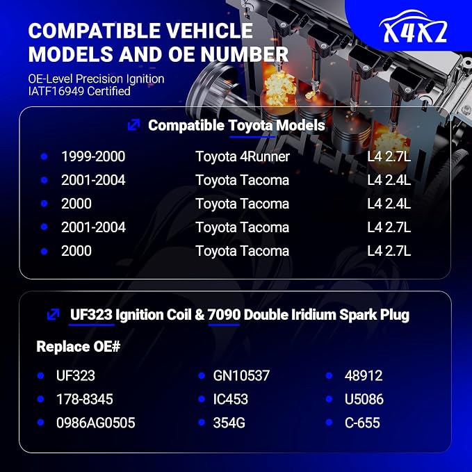 UF323 Ignition Coil & 7090 Double Iridium Spark Plug for TOYOTA 1999-2000 4Runner,2000-2004 Tacoma L4 2.4L 2.7L Replaces# C1305 UF323 909190223 9091902237 C1305 5C1304 E353 521690 IC453