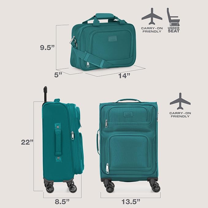 U.S. Traveler Rio Lightweight Softside Rolling Carry-on Suitcase, 4-Wheel Set, Teal