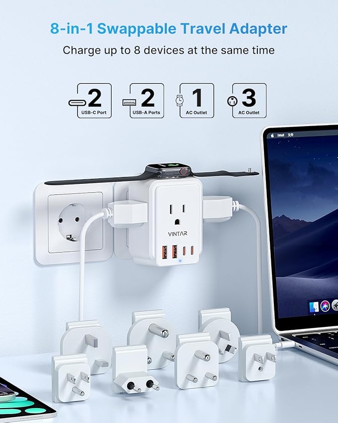 Universal Travel Adapter Kit for Apple Watch Charger, VINTAR International Power Adapter with 3 AC Outlets 4 USB Ports (2 USB C), Type A/B/C/D/G/I/M Detachable Plugs, US to Europe/UK/India/Africa