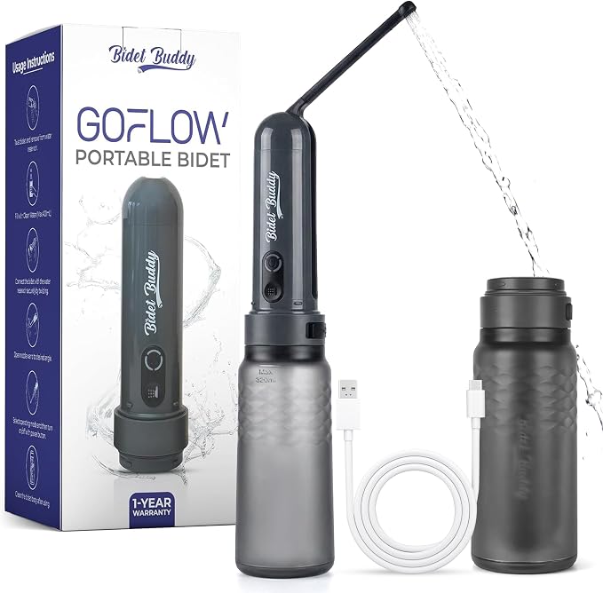 BIDET BUDDY® GoFlow Portable Bidet for Travel - 320ml Bottle with Adjustable Power Modes, Nozzle Wand, IPX7 Waterproof, USB C Charging, 800mAh Rechargeable Battery, Medium Pressure