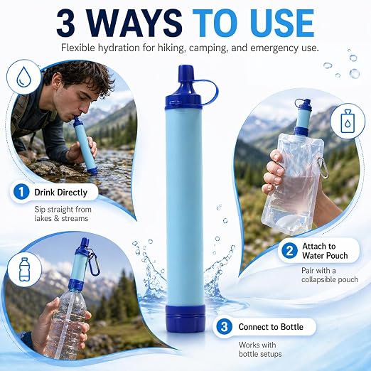 Water Filter, Survival Filtration Portable Gear, Emergency Preparedness, Supply for Drinking Hiking Camping Team Family Outing (3PCS)