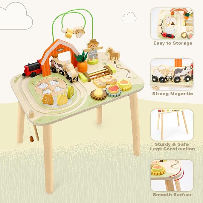 Vanplay Activity Table for 1 Year Old Boy Girl Birthday Gifts, Montessori Toys for 1 2 Year Old, 10 in 1 Wooden Sensory Play Table for Toddler 1-3, Learning Table for Baby 12M+ First Gifts