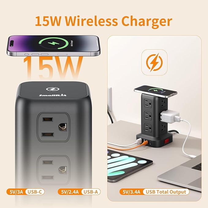 Extension Cord with Multiple Outlets, SMALLRT Surge Protector Power Strip Tower, 10FT Outlet Extender with 12 AC Outlets 4 USB, Power Strip with USB Ports for Home Office Dorm Room,Overload Protection