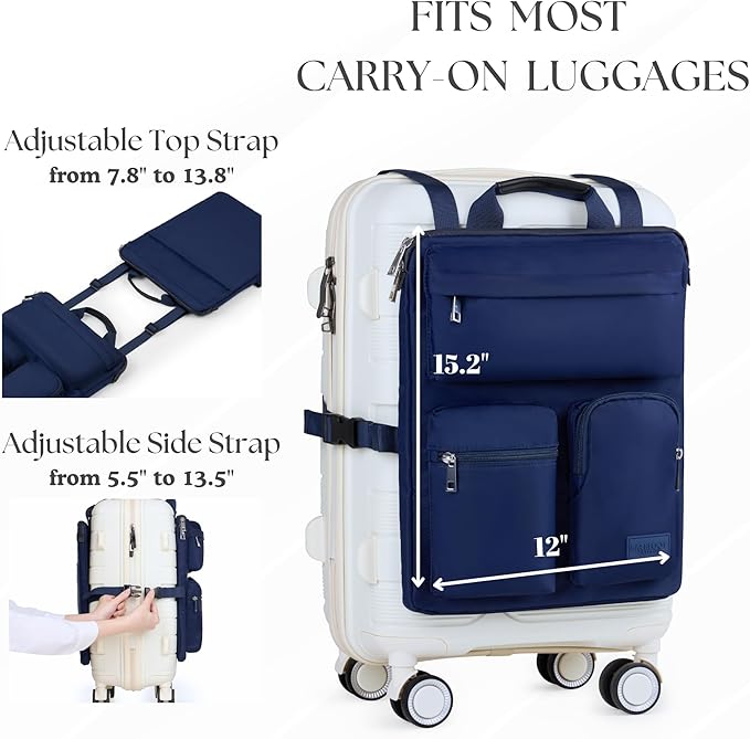 BAREFOOT CARIBOU Over Luggage Organizer for Carry On Bag or Suitcase with Storage Pockets, 16” Laptop Sleeve with Handle, Travel Accessories Bag Slide On Luggage Harness, Adjustable Straps (Navy Blue)