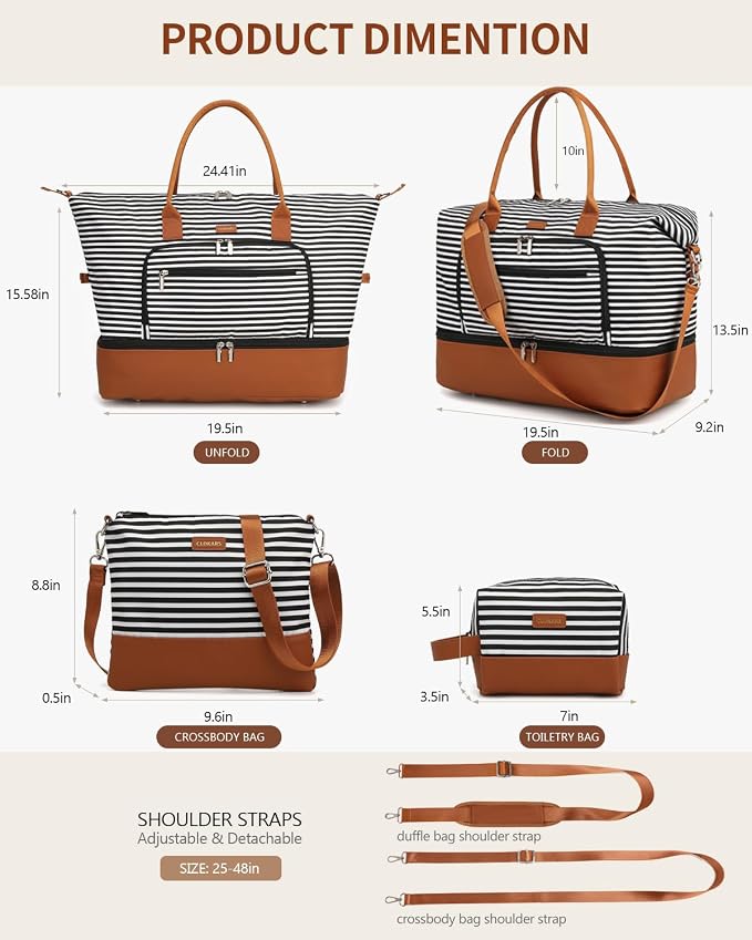 Weekender Bags for Women Travel, Under Seat Carry On Bags for Airplanes Overnight Bag with Shoe Compartment Luggage Sleeve, Foldie Travel Tote Bag Hospital Bag, Travel Gifts, Black Strip