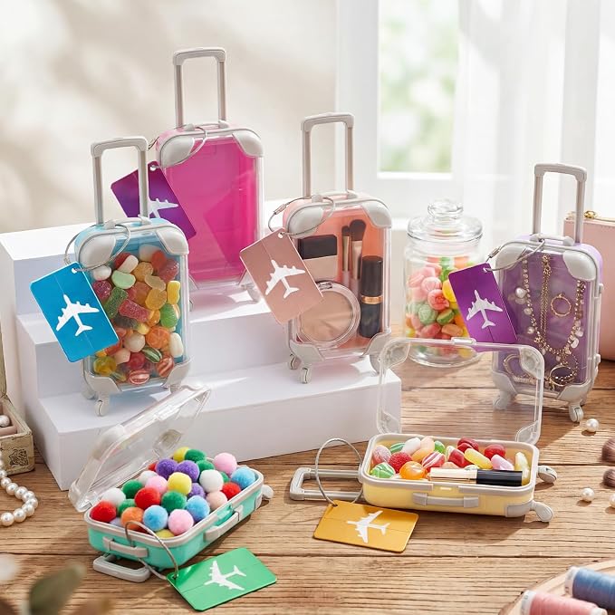 Teecyhooo 12 Pcs Mini Suitcase Party Favor Boxes and 12 Pcs Metal Luggage Tags with Card, Clear Mini Luggage Gift Boxes for Girls Wedding Travel Birthdays (6.69 x 3.74 x 1.97 Inch,Colorful)
