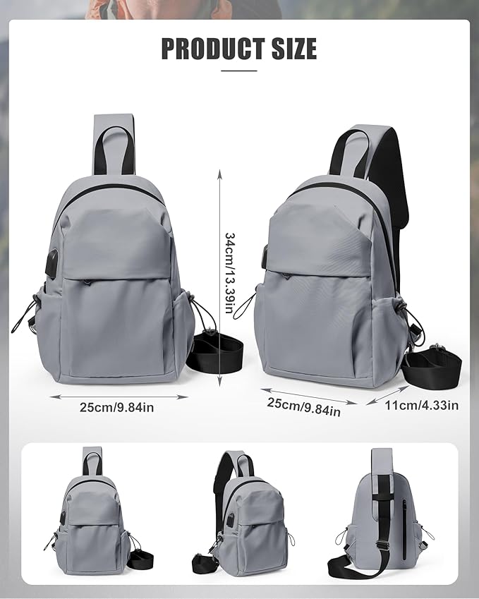 SEAFEW Small Sling Crossbody Backpack for Men Women, Lightweight Shoulder Chest Bag One Strap Back Pack for Hiking Walking Biking Travel Cycling USB Charger Port-Nylon, Grey