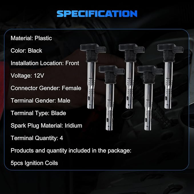 5PCS UF575 Ignition Coils Ignition Coils Pack Fits for Jetta 2005-2018, for Beetle 2006-2019, for Golf 2010-2014, for 2012-2013 TT RS Quattro, 2007-2014 Gallardo 2.5L 5.0L, Aftermarket Parts