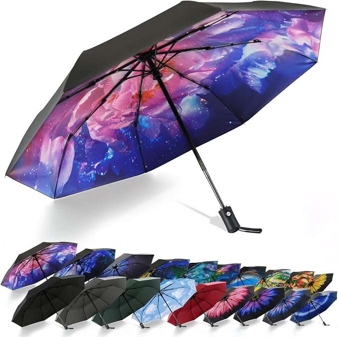 SY COMPACT Travel Umbrella - Windproof Automatic Compact Umbrella for Rain, Lightest 8-Rib, Small, Strong & Portable, Durable Grip, Fits Backpack & Car, Factory Direct (UV Available)
