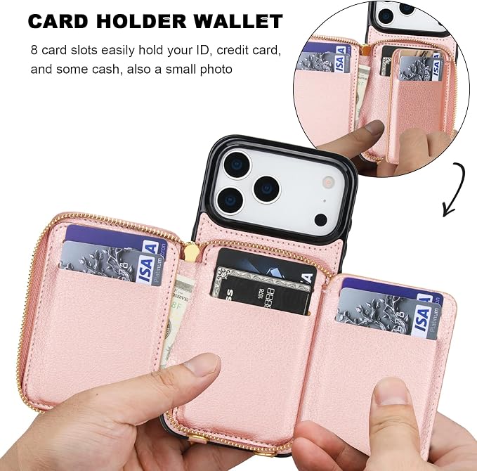 Bocasal RFID Blocking Wallet Case for iPhone 17 Pro Max, Adjustable Crossbody Zipper Purse Case Card Holder with Kickstand Detachable Wrist Strap, PU Leather Flip Folio Case 6.9 Inch 5G (Rose Gold)