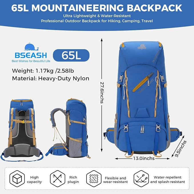 Bseash 65L Waterproof Hiking Camping Backpack with Rain Cover, Outdoor Sport Travel Daypack for Climbing Touring (Blue)