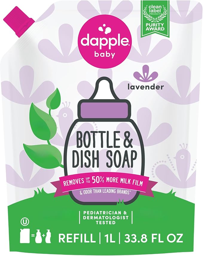 Dapple Baby Lavender Bottle & Dish Soap Refill Pouch - (2 Pack) 33.8 fl oz - Plant-Powered Cleaner for Baby Bottles, Pump Parts, and Sippy Cups