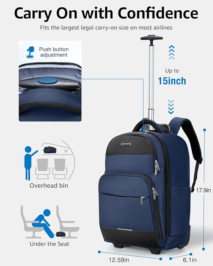 Ponhog Rolling Backpack, 30L Travel Laptop Backpack with Wheels, 15.6 Inch Personal Item Roller Luggage with USB Charging Port Flight Approved for Men Women Adults, Blue