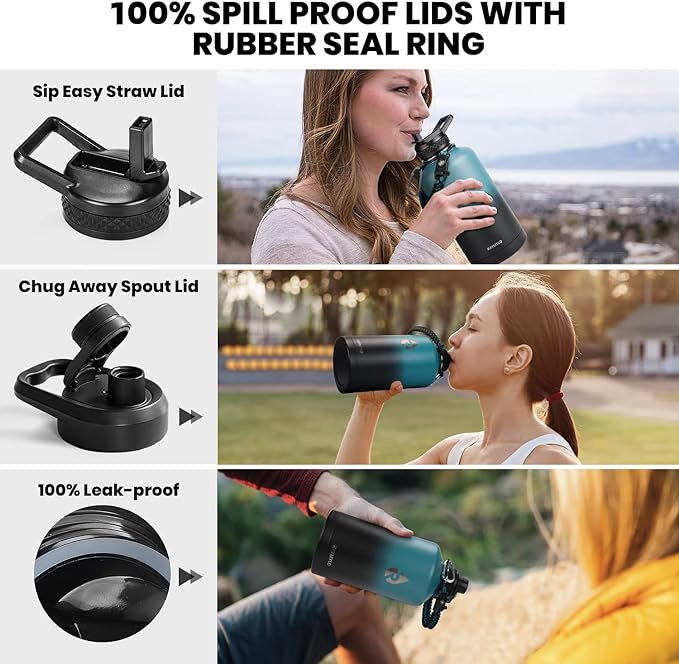 RAYMYLO Insulated Water Bottle 64 oz, Triple Wall Vacuum Stainless Steel (Cold for 48 Hrs), Leak Proof & Non-BPA, Half Gallon Water Flask Jug with Paracord Handle & Straw Spout Lids