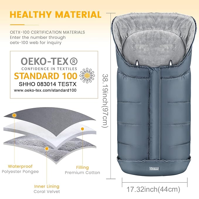 Orzbow Stroller Footmuff Universal - Weather-Proof Bunting Bag for Toddler, Warm Fleece Sleeping Bag for Cold Weather, Easily Attaches to Most Strollers, Baby Boys Girls Winter Essentials, Grey