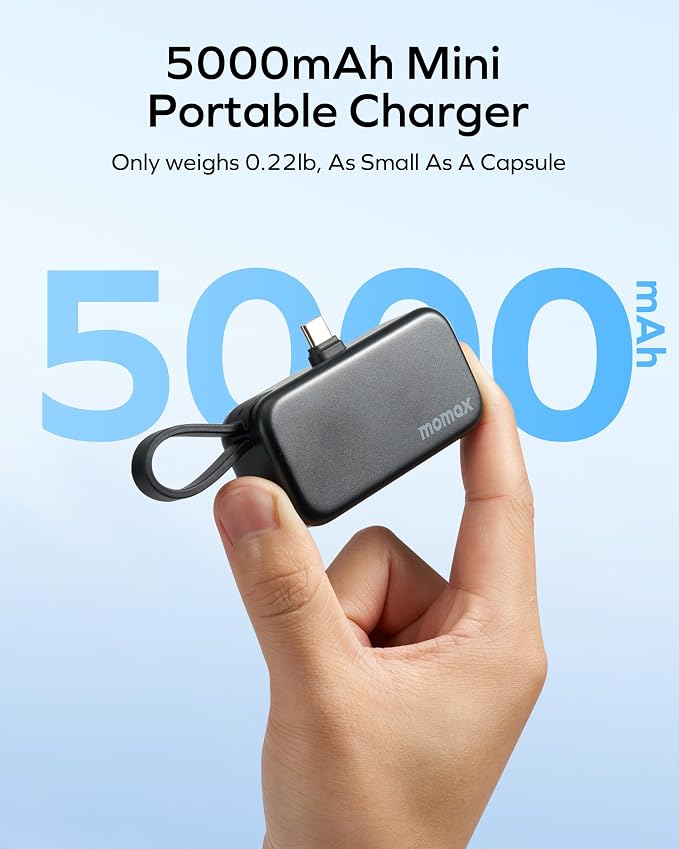 MOMAX Portable Charger, 5000mAh Small Power Bank PD 20W Fast Charging Battery Pack with 3 USB-C, LED Battery Display, Smart Temperature Control for iPhone 17 16 15 Pro Max(Black)