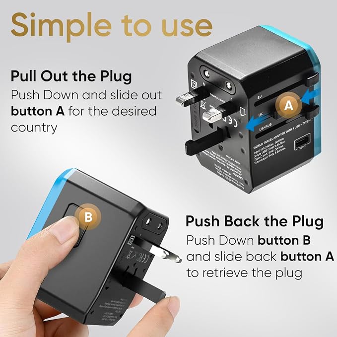 Universal Travel Adapter for Europe and International Travel from USA, Type C EU/Type G UK/Type I AU/Type A US, 1 AC Outlet, 1 USB-C and 4 USB-A Ports, Unidapt Travel Plug Adapter
