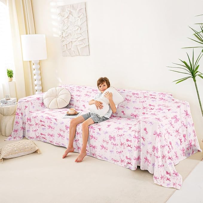 Pink Bow Couch Covers for 3 Cushion Couch Sofa Pet Friendly,Dreamy Princess Style Bowknot Seater Sofa Cover Slipcovers,Cute Bowknot Bow Tie Cat Furniture Protector,91"x118" Light Pink Room Decor