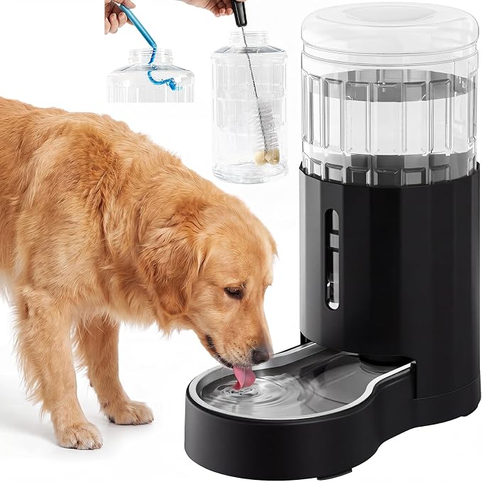 CZPET Dog Water Bowl Dispenser 8L, Wider Mouth & Upgraded Brush for Easy Cleaning Automatic Cat Gravity Refilling Waterer with Removable Stainless Steel Bowl, Large Drinking Area for Multi-Pet (Black)