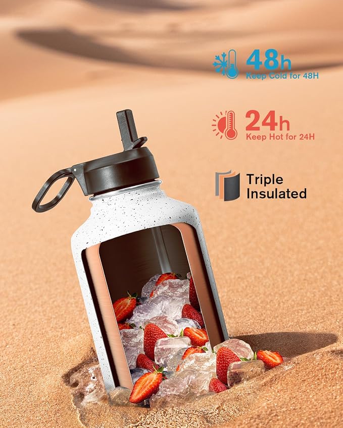 Half Gallon Water Bottle Insulated with Straw&3 Lids, Coolflask 64 oz Water Jug Galaxy Large Metal Stainless Steel flask for Gym, Sports and Office, Keep Cold 48H Hot 24H, Arctic White