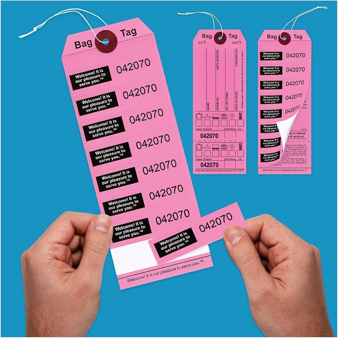 Pink Bag Claim Check Tags with Elastic string, Printed in Black ink with 8 labels & Matching Numbers For multiple bags. Hotel Bag Tags for Organizing Luggage. Size: 6 3/4" (H) x 2 1/2" (W). 1000 Tags.