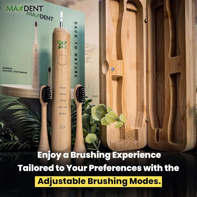 Rechargeable Bamboo Electric Tooth Brush, Brush with 3 Replacement Heads and Storage Case, Portable Oral Care, Durable Electric Design with Travel-Friendly Protective Holder