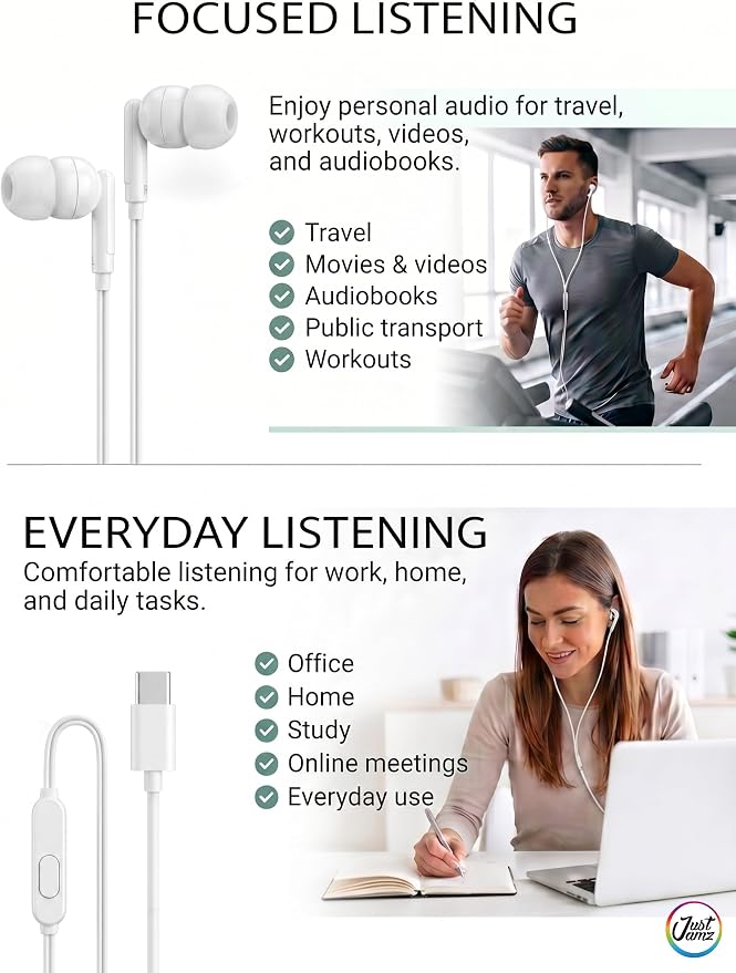 Pearl 100 Pack USB C Headphones Wired Earbuds Bulk for iPhone 17 16 15 Pro Max Plus, Galaxy, Chromebook, iPad, Type C Wired Headphones No Microphone for Schools Classroom Donation Events, White