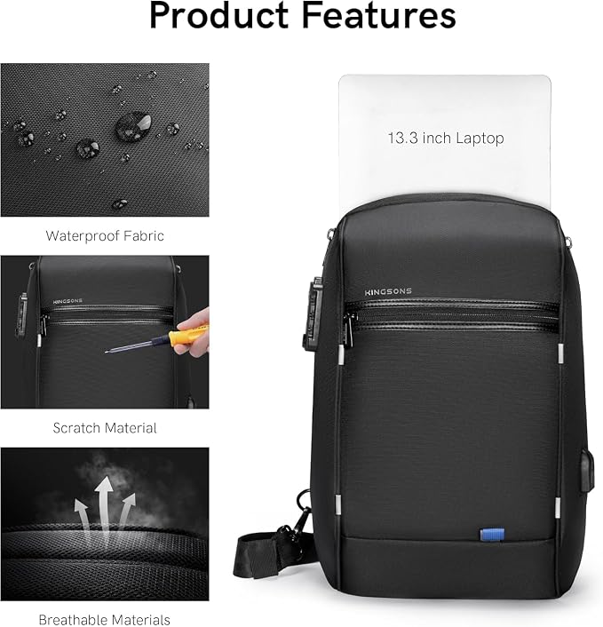 Kingsons Laptop Sling Backpack Anti Theft Bag,Hiking Daypack 13 Inch Waterproof Nylon Travel Bags for Men, Single Shoulder Camping Dayback with USB Charging Port for Traveling