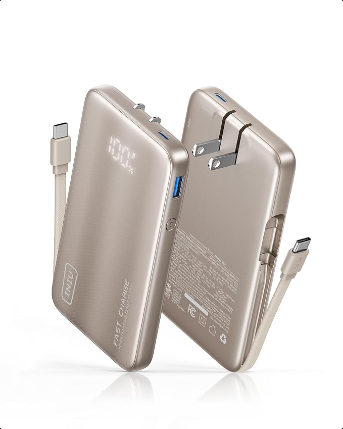INIU Portable Charger, Ultra Slim 45W Fast Charging Power Bank with Built-in AC Wall Plug, 10000mAh GaN 3-in-1 Battery Pack for Flight-Safe Travel, for iPhone 17 16, Samsung S26, iPad etc, Champagne