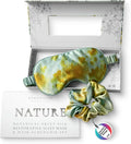 SILK & WILLOW - Botanical Print Pure Mulberry Silk Eye Mask & Scrunchie Gift Set, Luxurious Sleep Eye Mask & Hair Accessory Bundle, Durable Nature-Considerate Wellness Gifts for Women, Teal Marigold
